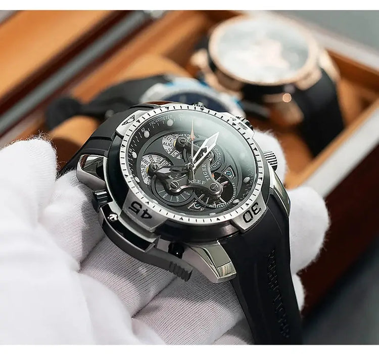 Reef Tiger/RT Luxury Brand Blue Military Watch Men Leather Strap Steel Automatic Watch Waterproof Relogio Masculino RGA3503 Inspirational Watches