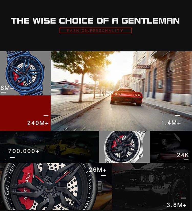 Rotating Dial Waterproof Car Wheel Watch Men Quartz Sport Steel Clock Creative Rim Hub Wheel Wristwatch Relogio Masculine Inspirational Watches
