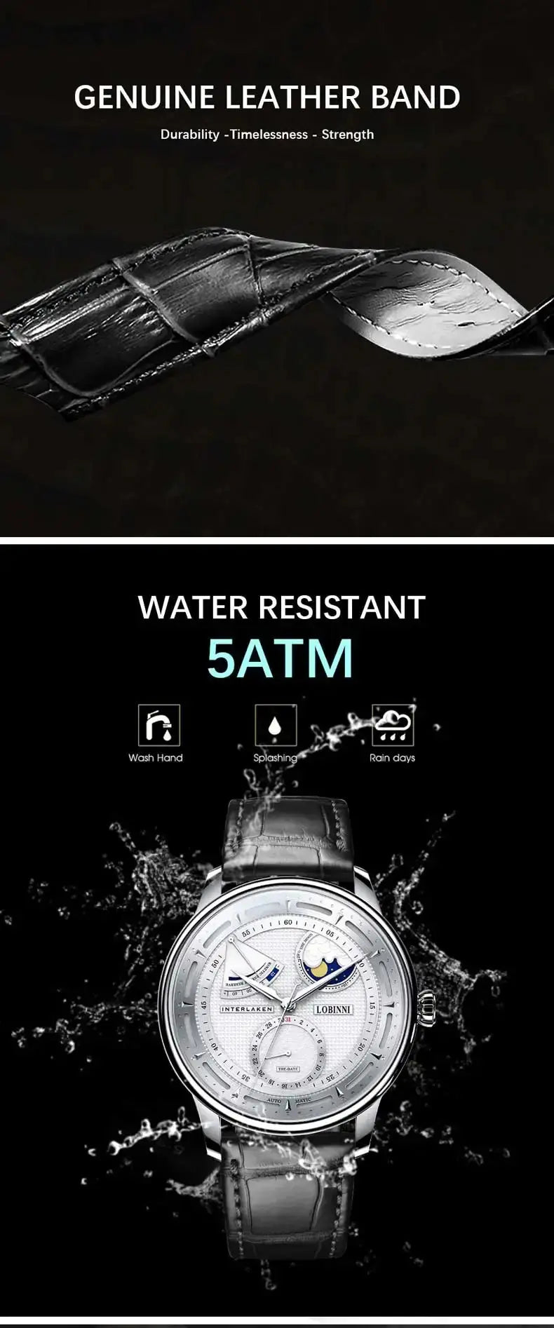Moon Phase Mechanical Automatic Water Resistant Inspirational Watches