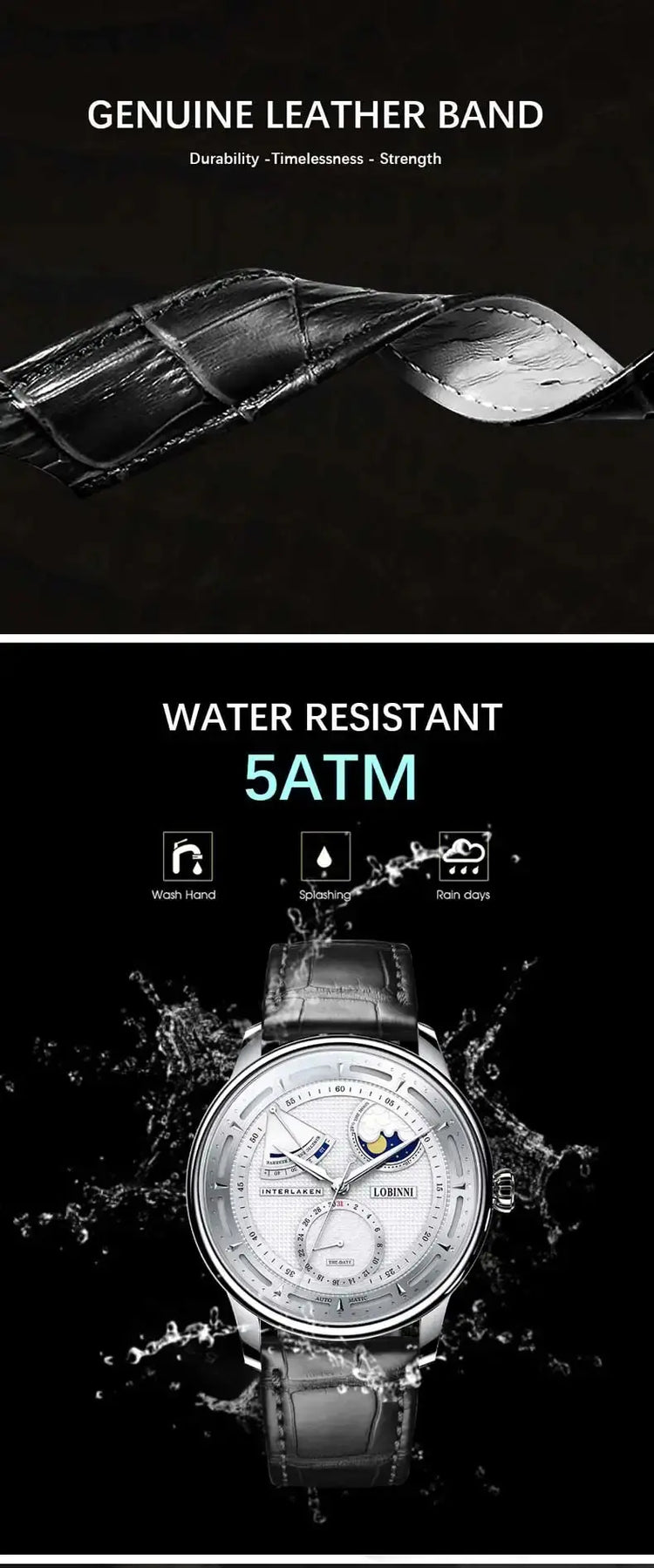 Moon Phase Mechanical Automatic Water Resistant Inspirational Watches