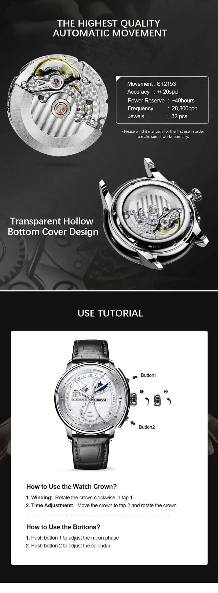 Moon Phase Mechanical Automatic Water Resistant Inspirational Watches