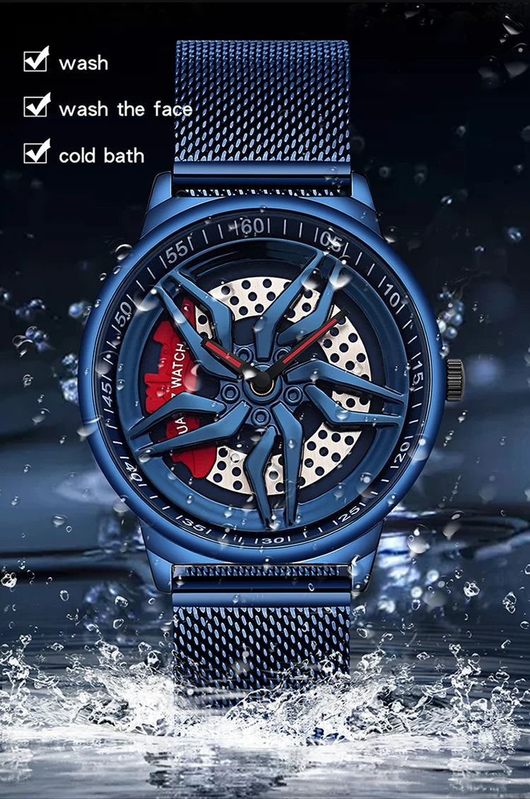 Rotating Dial Waterproof Car Wheel Watch Men Quartz Sport Steel Clock Creative Rim Hub Wheel Wristwatch Relogio Masculine Inspirational Watches