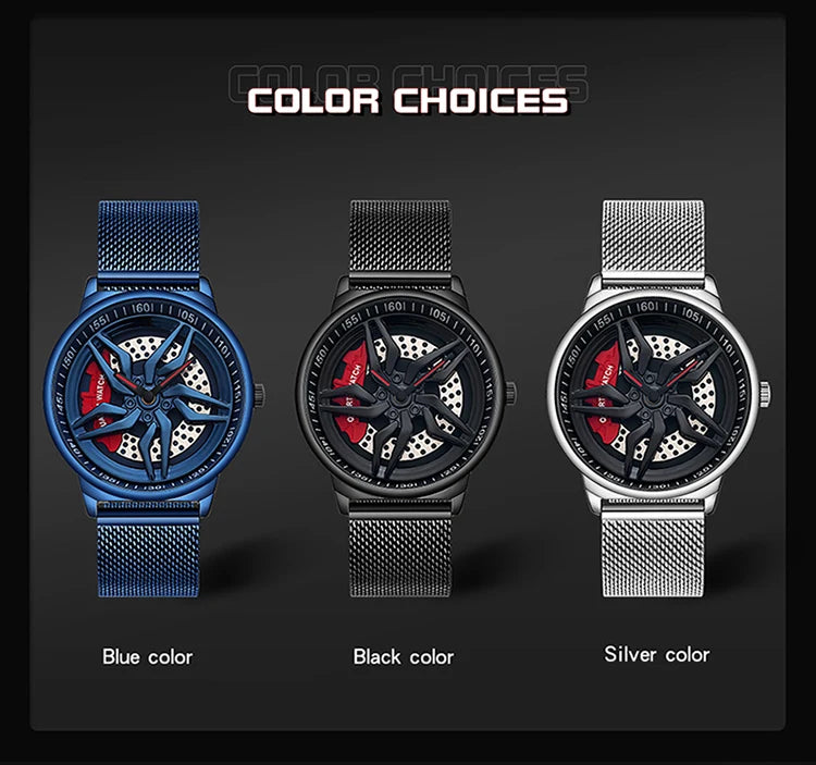 Rotating Dial Waterproof Car Wheel Watch Men Quartz Sport Steel Clock Creative Rim Hub Wheel Wristwatch Relogio Masculine Inspirational Watches
