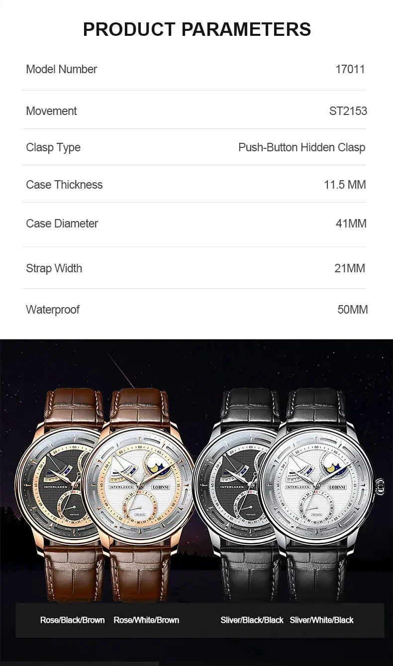 Moon Phase Mechanical Automatic Water Resistant Inspirational Watches