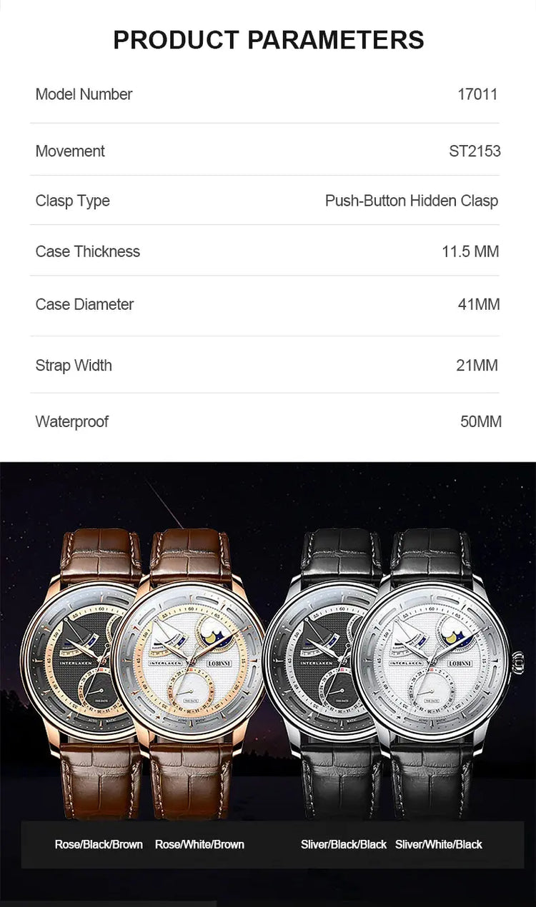 Moon Phase Mechanical Automatic Water Resistant Inspirational Watches