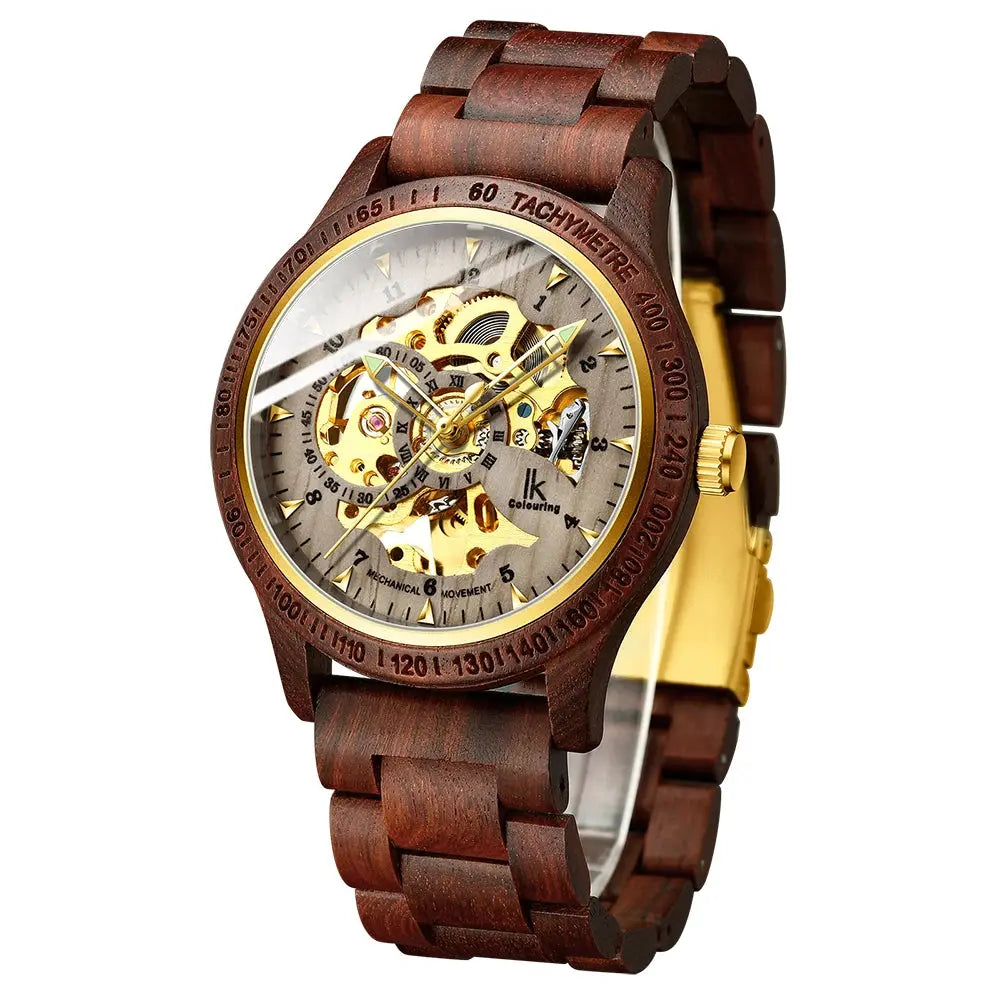 Classic Wooden Automatic Skeleton Watch for Men – Transparent Mechanical Wristwatch with Wooden Strap - Inspirational Watches
