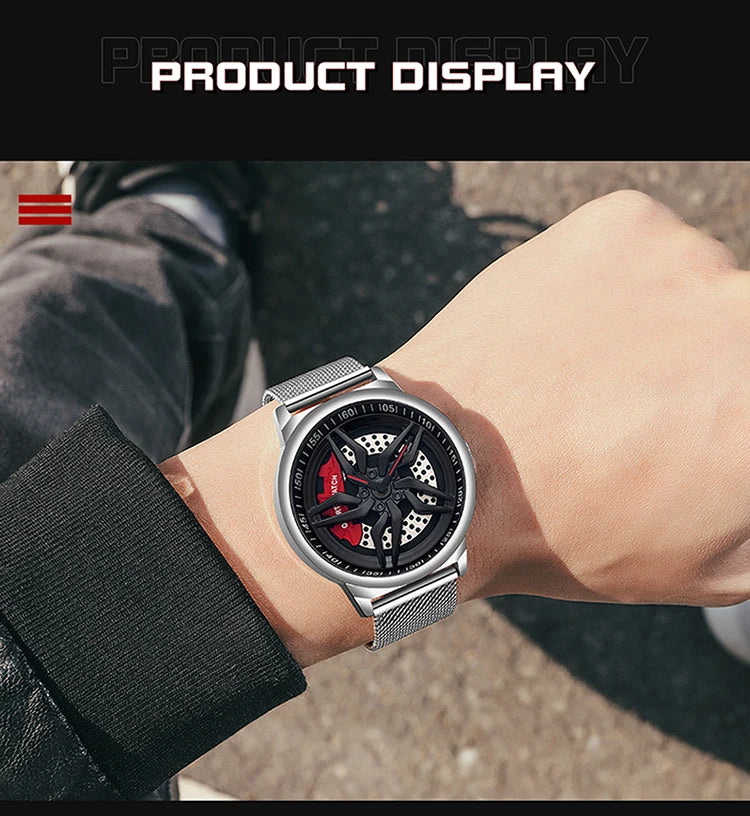 Rotating Dial Waterproof Car Wheel Watch Men Quartz Sport Steel Clock Creative Rim Hub Wheel Wristwatch Relogio Masculine Inspirational Watches