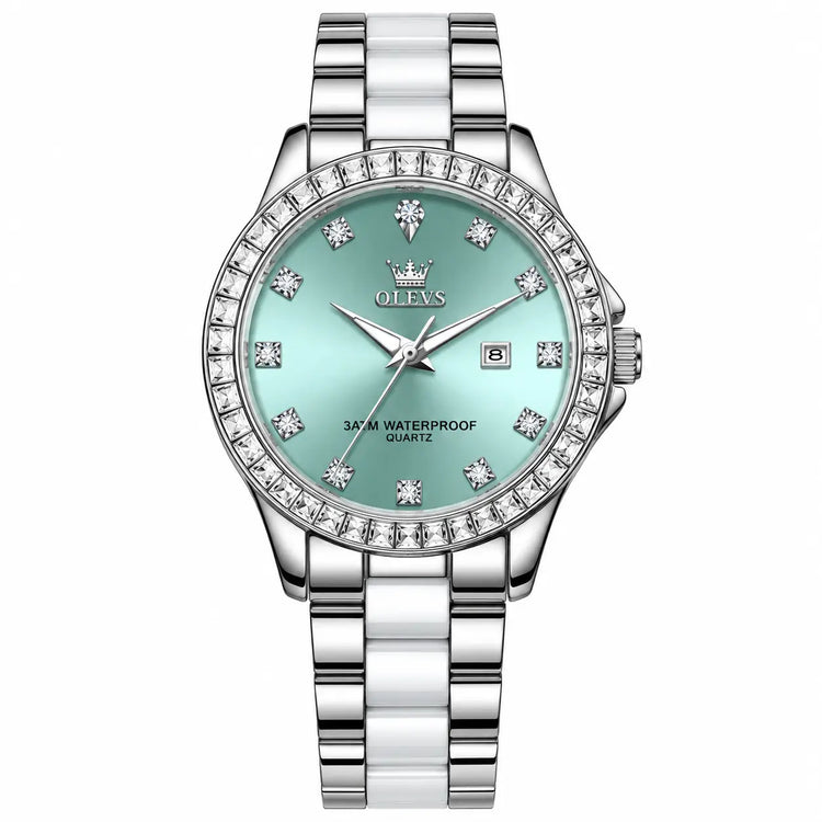 Women’s Ceramic Quartz Watch in Silver Blue