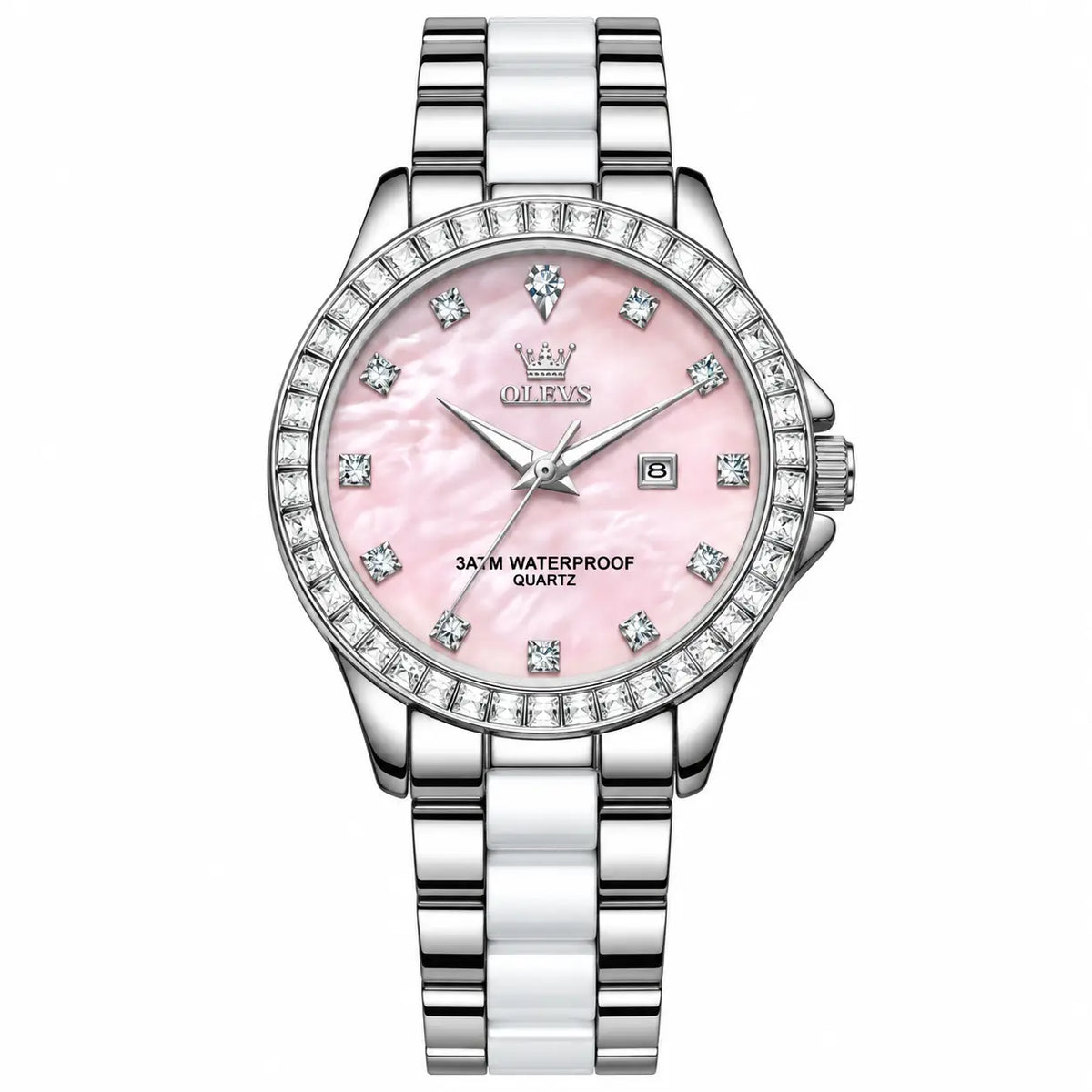 Women’s Ceramic Quartz Watch in Silver Pink