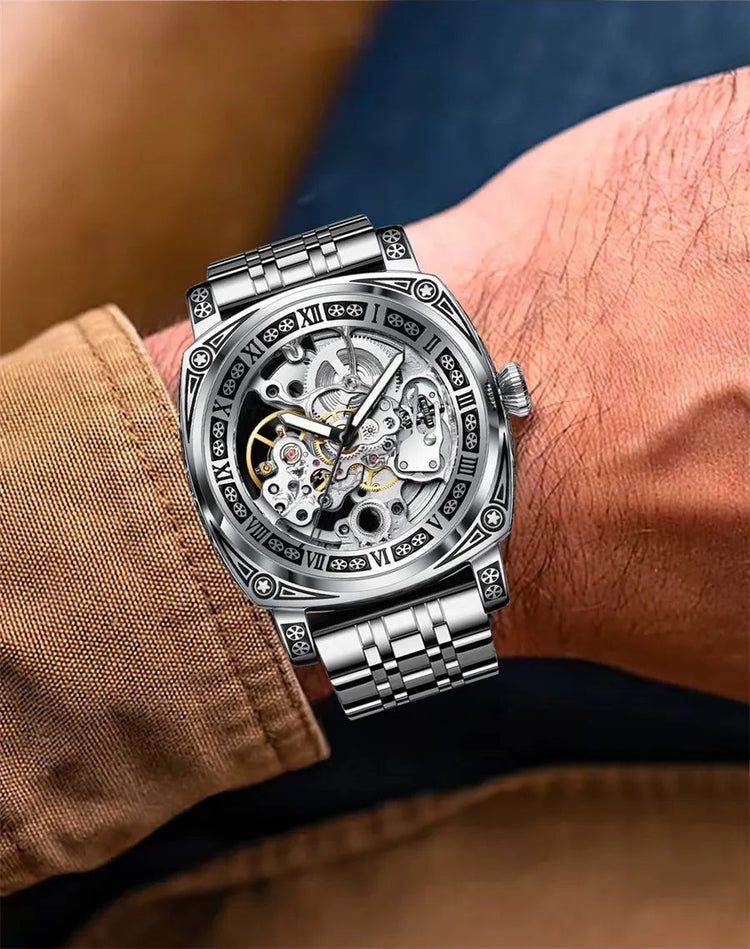 GLENAW Skeleton Mechanical Watch Men Vintage Engraved Auto Mechanical Wrist Watches Gold Stainless Steel Strap Erkek Kol Saati Inspirational Watches