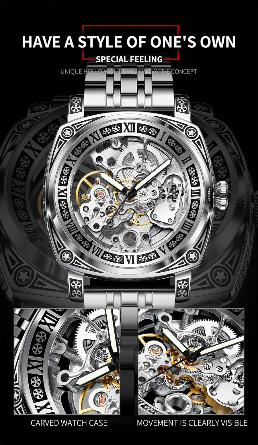 GLENAW Skeleton Mechanical Watch Men Vintage Engraved Auto Mechanical Wrist Watches Gold Stainless Steel Strap Erkek Kol Saati Inspirational Watches