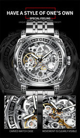 GLENAW Skeleton Mechanical Watch Men Vintage Engraved Auto Mechanical Wrist Watches Gold Stainless Steel Strap Erkek Kol Saati Inspirational Watches