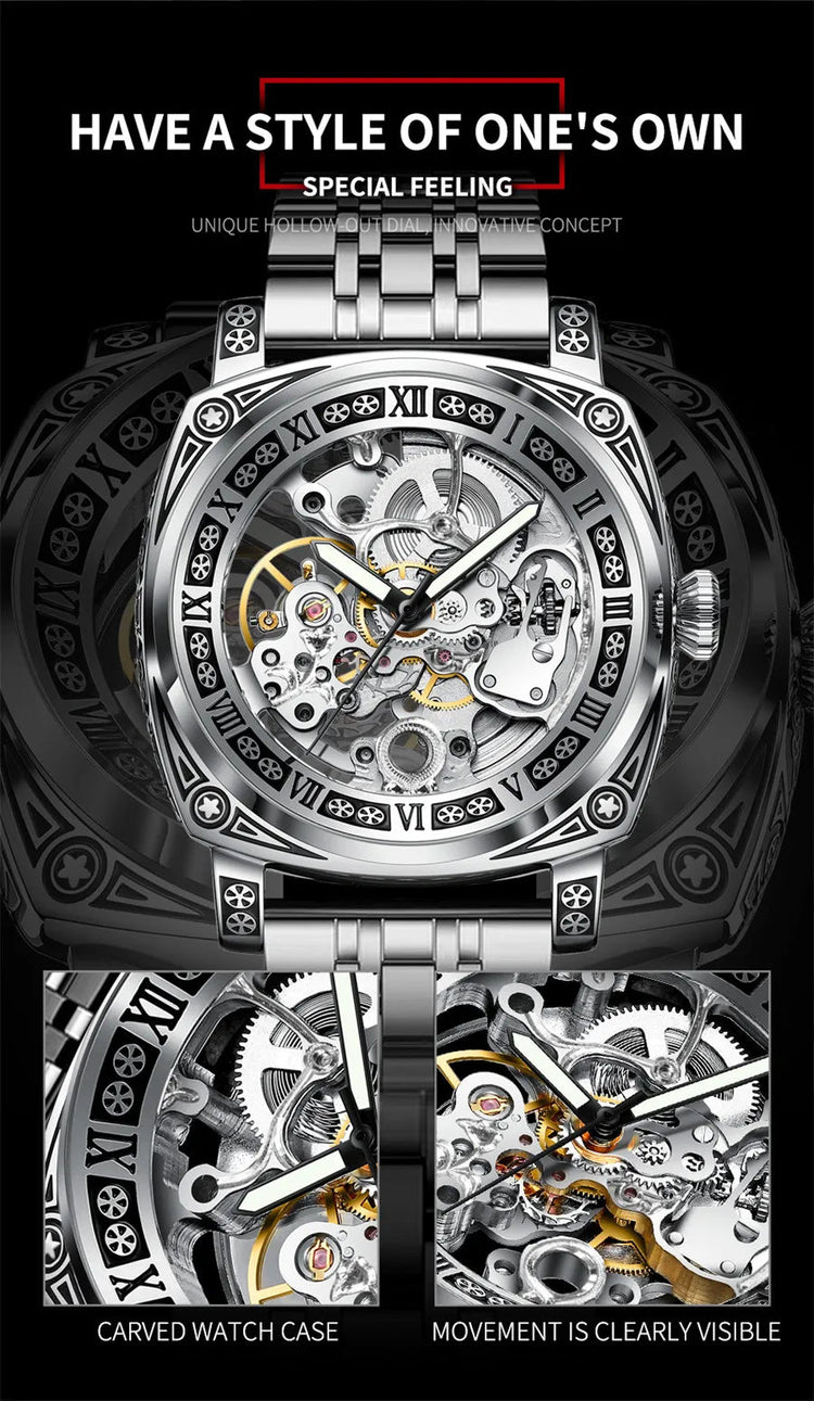 GLENAW Skeleton Mechanical Watch Men Vintage Engraved Auto Mechanical Wrist Watches Gold Stainless Steel Strap Erkek Kol Saati Inspirational Watches