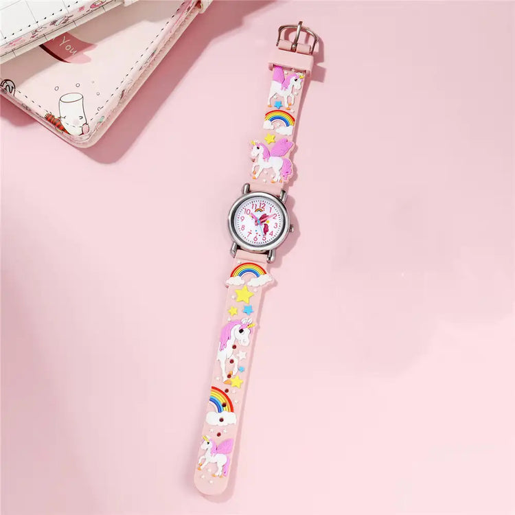 Pink unicorn kids quartz watch with full 3D strap laid flat