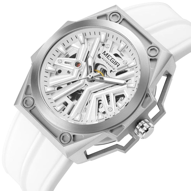 MEGIR Skeleton Dial Men Mechanical Watch Silicone Strap 316 Stainless Steel Case 50M Waterproof Automatic Wristwatches Men&