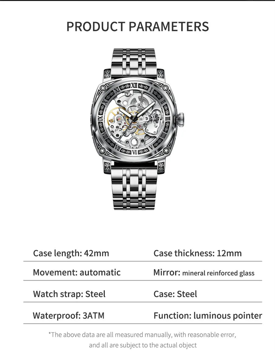 GLENAW Skeleton Mechanical Watch Men Vintage Engraved Auto Mechanical Wrist Watches Gold Stainless Steel Strap Erkek Kol Saati Inspirational Watches