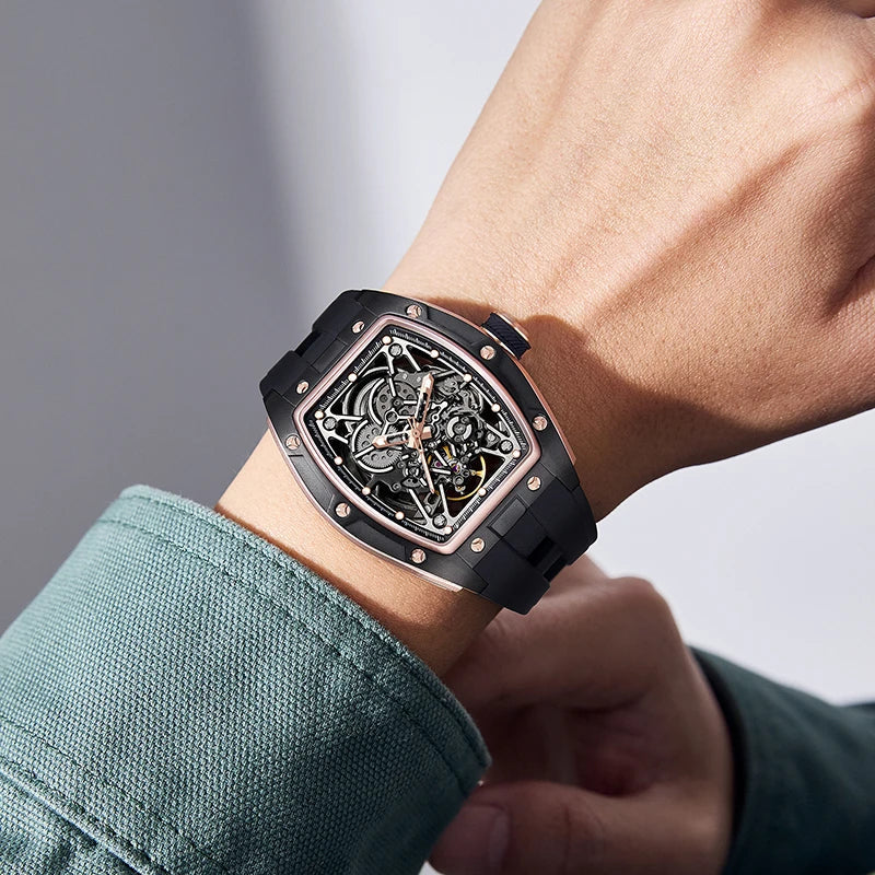 Mechanical Watch for Men Fashion Sport Analog Automatic Wristwatch Skeleton Stainless 50M Waterproof Watches with Tonneau Dial Inspirational Watches