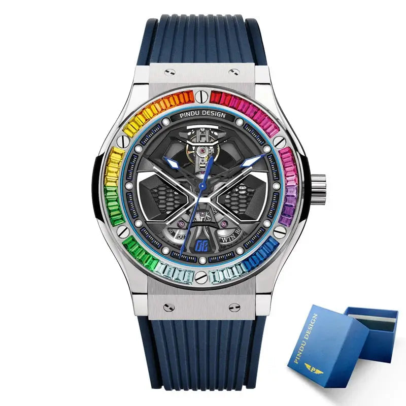 PINDU Watches High Quality Luxury Color Diamond Mechanical Watch For Men Waterproof Stainless Steel Silicone Strap Fashion Watch Inspirational Watches