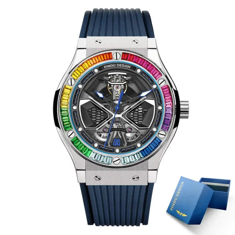 PINDU Watches High Quality Luxury Color Diamond Mechanical Watch For Men Waterproof Stainless Steel Silicone Strap Fashion Watch Inspirational Watches