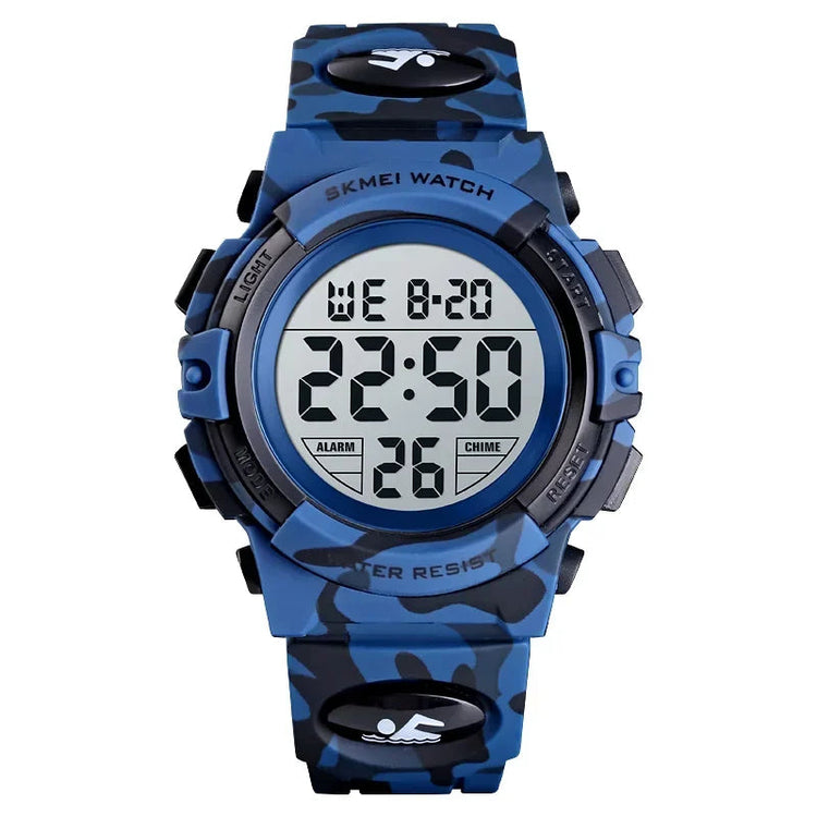 Blue digital watch with camouflage pattern on a white background, featuring the Skmei brand.
