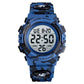 Blue digital watch with camouflage pattern on a white background, featuring the Skmei brand.