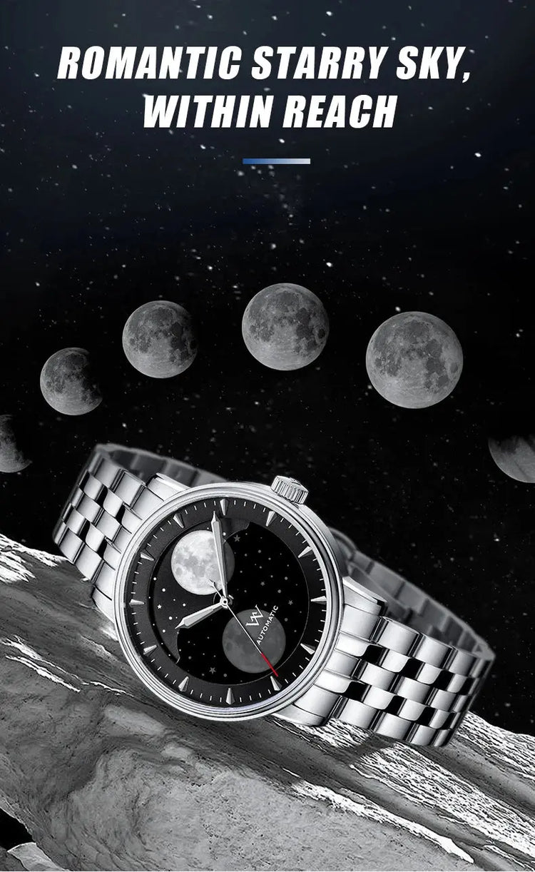 Lunar Moon Phase Automatic Mechanical Sapphire Waterproof Twin Moons Inspirational Watches