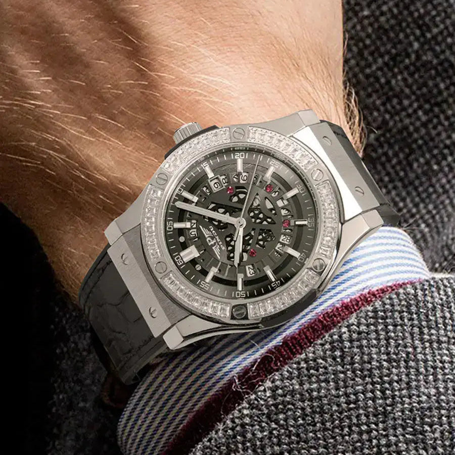 PINDU Watches High Quality Luxury Color Diamond Mechanical Watch For Men Waterproof Stainless Steel Silicone Strap Fashion Watch Inspirational Watches