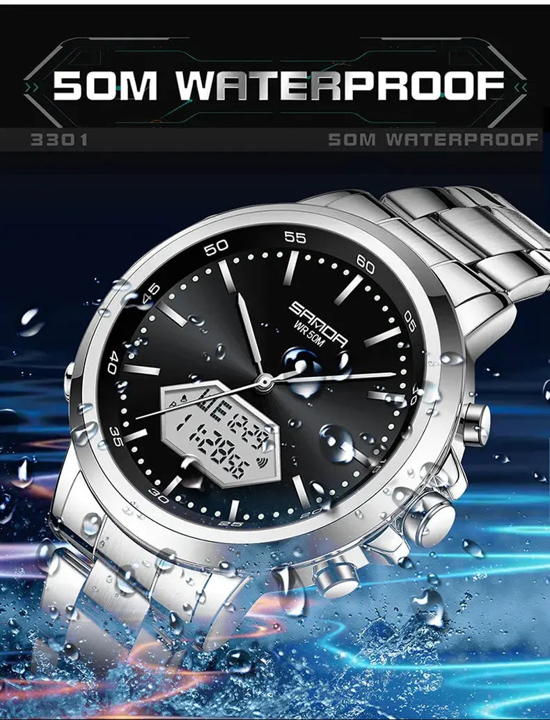 Dual Display Multi functional Night Light Waterproof Business Sports Watch Inspirational Watches