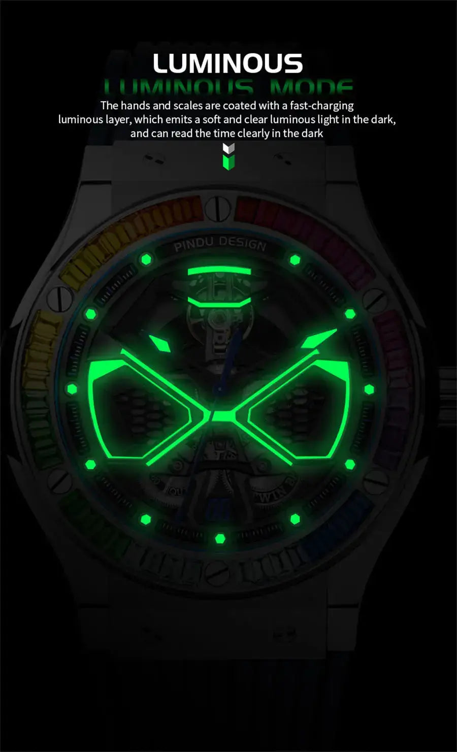 PINDU Watches High Quality Luxury Color Diamond Mechanical Watch For Men Waterproof Stainless Steel Silicone Strap Fashion Watch Inspirational Watches