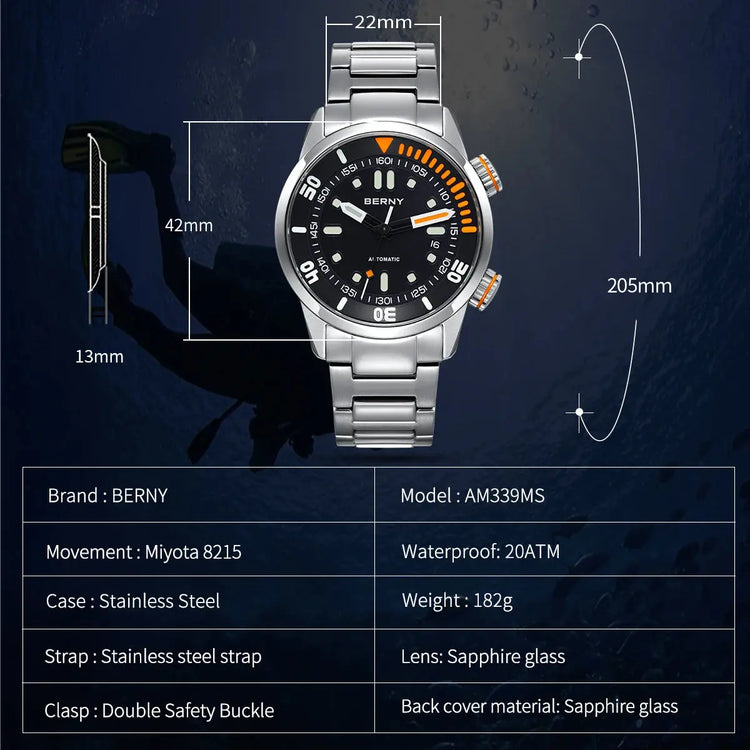 Automatic Dive Super Luminous Sapphire Swim Sport Mechanical Inspirational Watches
