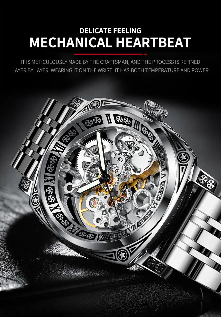 GLENAW Skeleton Mechanical Watch Men Vintage Engraved Auto Mechanical Wrist Watches Gold Stainless Steel Strap Erkek Kol Saati Inspirational Watches