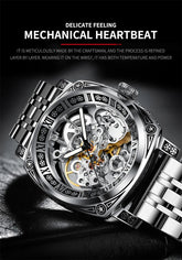 GLENAW Skeleton Mechanical Watch Men Vintage Engraved Auto Mechanical Wrist Watches Gold Stainless Steel Strap Erkek Kol Saati Inspirational Watches