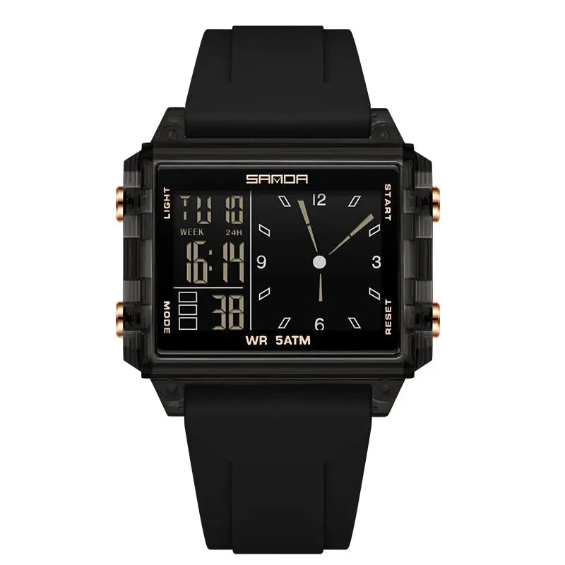 SANDA 6273 Wristwatch Square Dual Time Man Electron Analog Watch for Men Women Waterproof Count Down Timer Digital World Time Inspirational Watches
