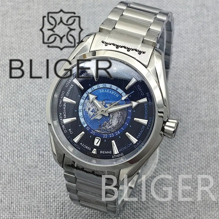 Time Earth Map Mechanical Sapphire Crystal Waterproof Luminous Inspirational Watches
