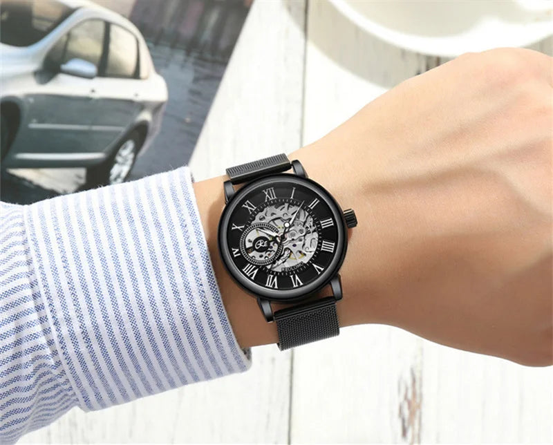 Mechanical Hand Wind Watch for Men Top Brand Luxury Fashion Skeleton Mesh Strap Wristwatch Male Clock Montre Homme Drop Shipping Inspirational Watches