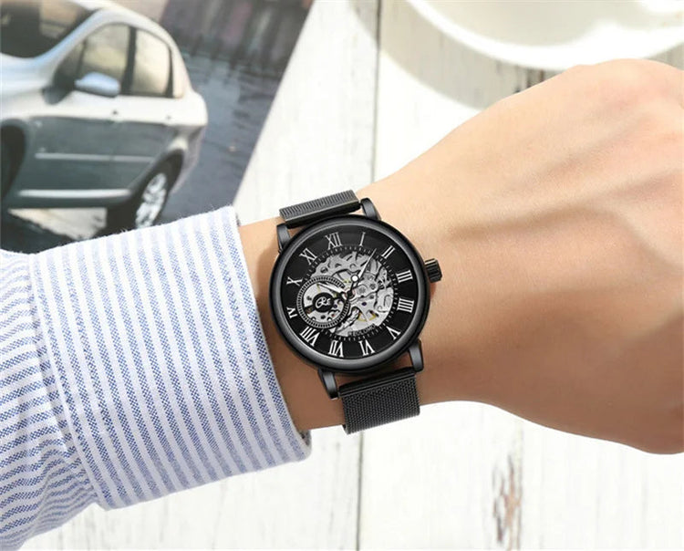 Mechanical Hand Wind Watch for Men Top Brand Luxury Fashion Skeleton Mesh Strap Wristwatch Male Clock Montre Homme Drop Shipping Inspirational Watches