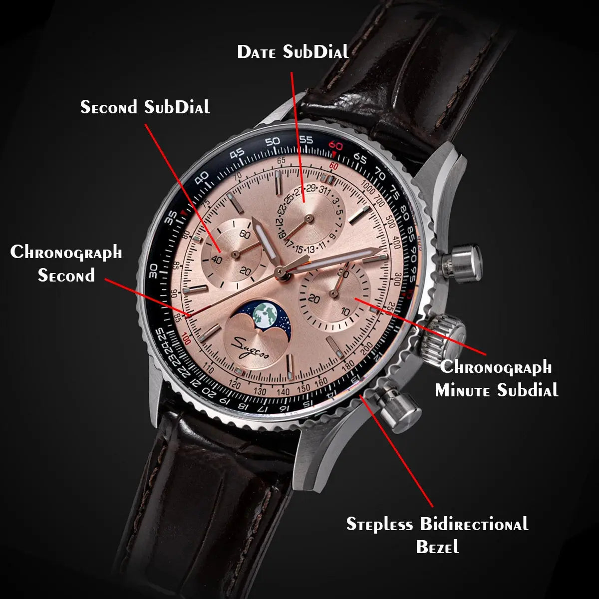 Moon phase Pilot Chronograph Mechanical Tianjin ST1908 Movement Inspirational Watches