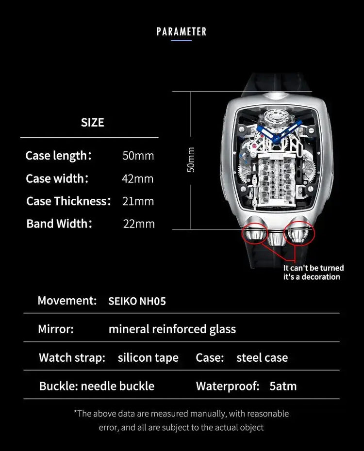 PINDU Men Automatic Watch 42mm Luxury Tonneau Mechanical Wristwatch Fashion Luminous 50M Waterproof Skeleton NH05 Inspirational Watches