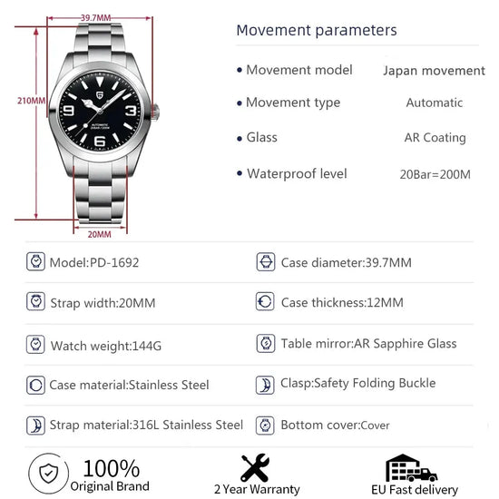Sapphire Glass AR Coated Automatic Luminous Watch for Men Inspirational Watches