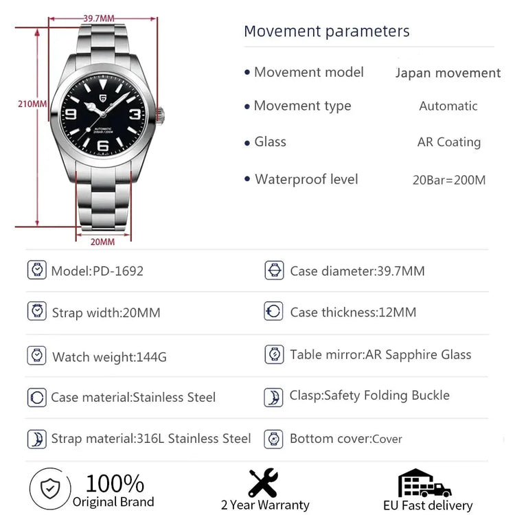 Sapphire Glass AR Coated Automatic Luminous Watch for Men Inspirational Watches