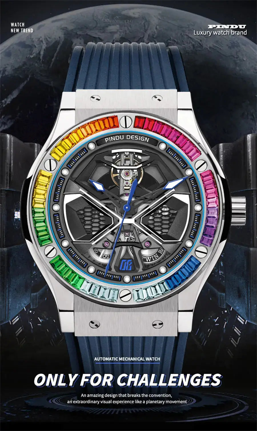 PINDU Watches High Quality Luxury Color Diamond Mechanical Watch For Men Waterproof Stainless Steel Silicone Strap Fashion Watch Inspirational Watches
