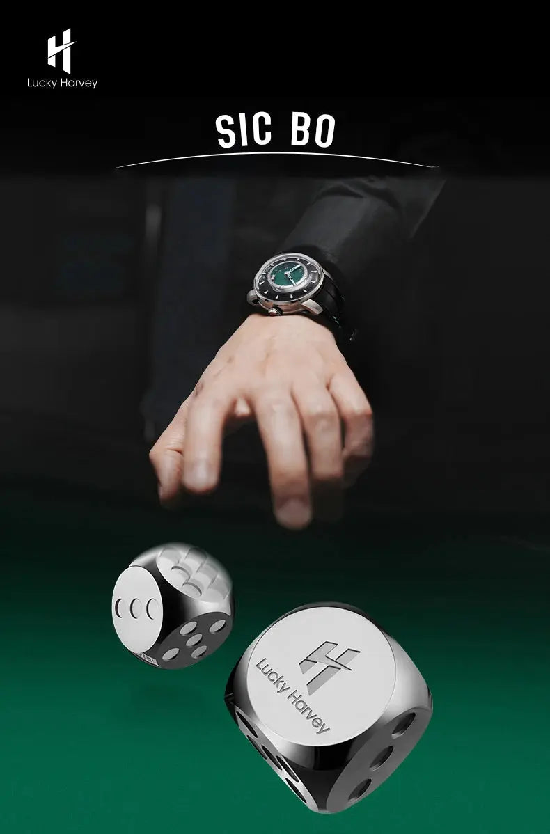 Lucky Harvey Sic Bo Dial Automatic Mechanical Watches for Men 2.5MM Micro-carving Dice Cambered Sapphire Funny Party Game Watch Inspirational Watches