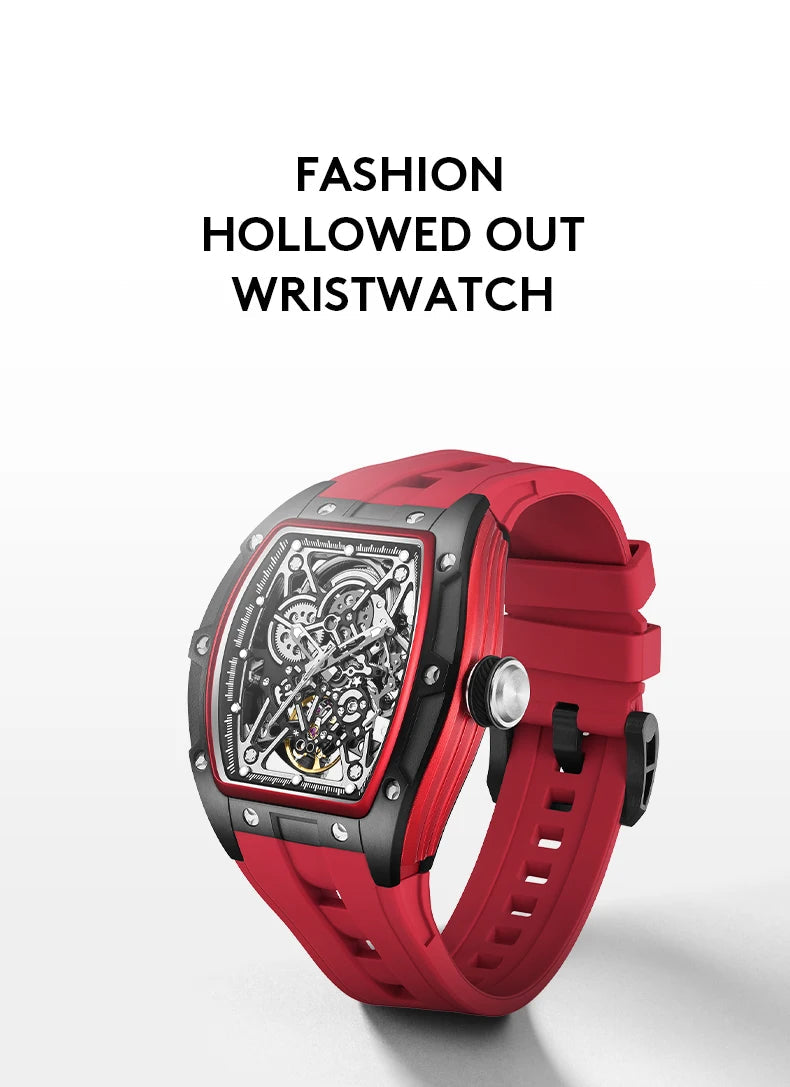 Mechanical Watch for Men Fashion Sport Analog Automatic Wristwatch Skeleton Stainless 50M Waterproof Watches with Tonneau Dial Inspirational Watches