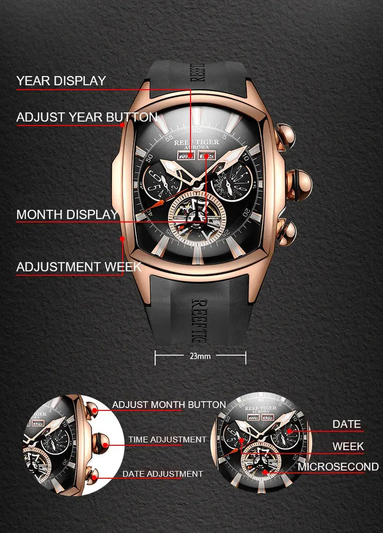Reef Tiger 316L Stainless Steel Wine Barrel Automatic Watch Fashion Mulitfunction Tourbillon Mechanical Watches for Men RGA3069 Inspirational Watches