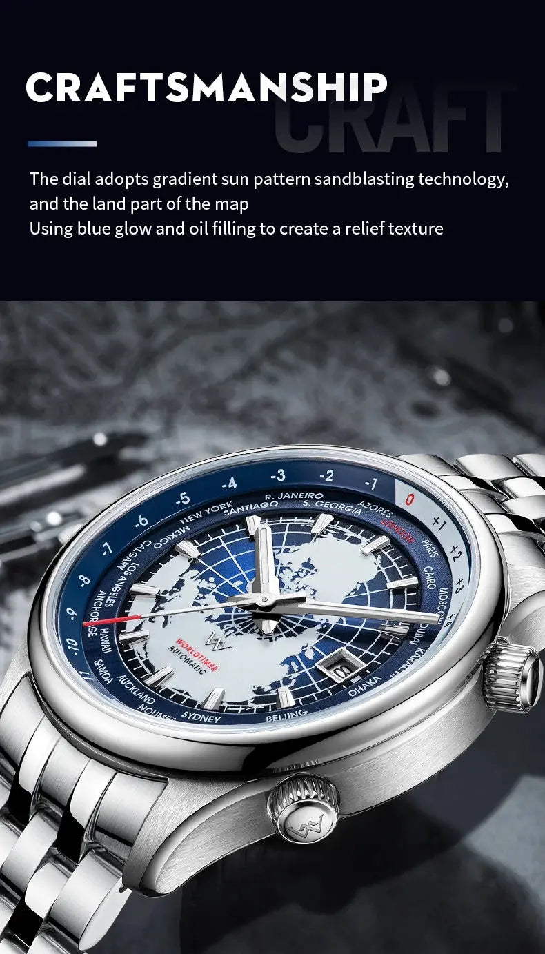 World Time Original Automatic Mechanical High Quality Sapphire Inspirational Watches