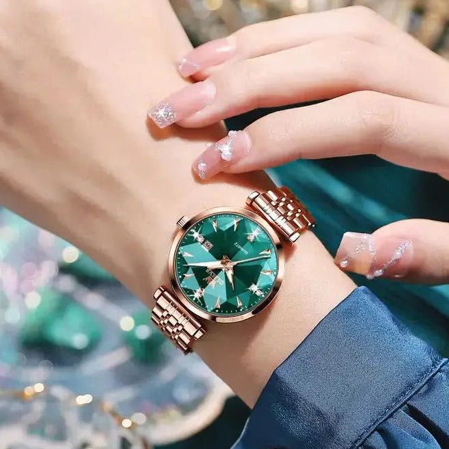 OLEVS 5536 Woman Quartz Watch Luxury Rose Gold Steel Strap Rhombus Glass Ladies Wristwatch Auto Date Waterproof Watch Women Hot Inspirational Watches