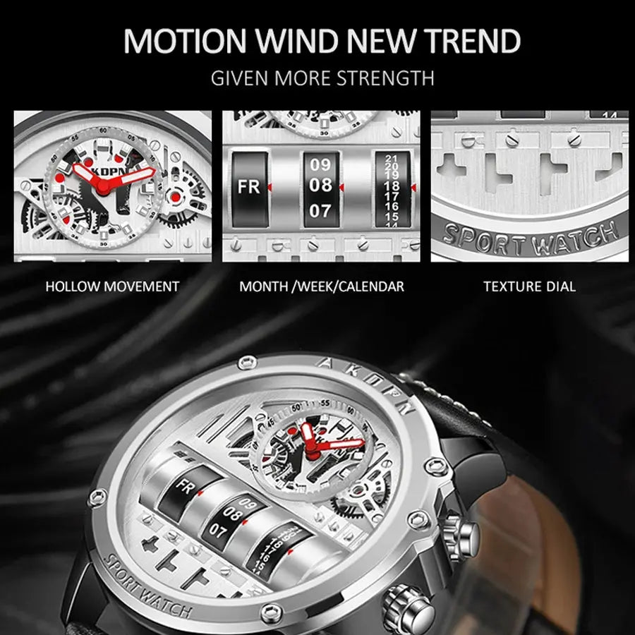 Luxury Mechanical Watch Unique Rotate Date Leather Strap Inspirational Watches
