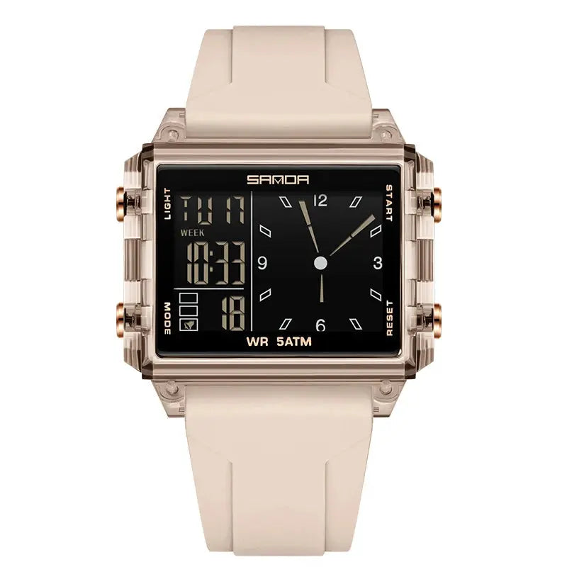SANDA 6273 Wristwatch Square Dual Time Man Electron Analog Watch for Men Women Waterproof Count Down Timer Digital World Time Inspirational Watches