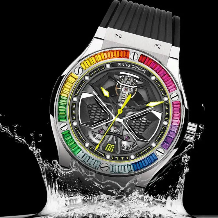 PINDU Watches High Quality Luxury Color Diamond Mechanical Watch For Men Waterproof Stainless Steel Silicone Strap Fashion Watch Inspirational Watches