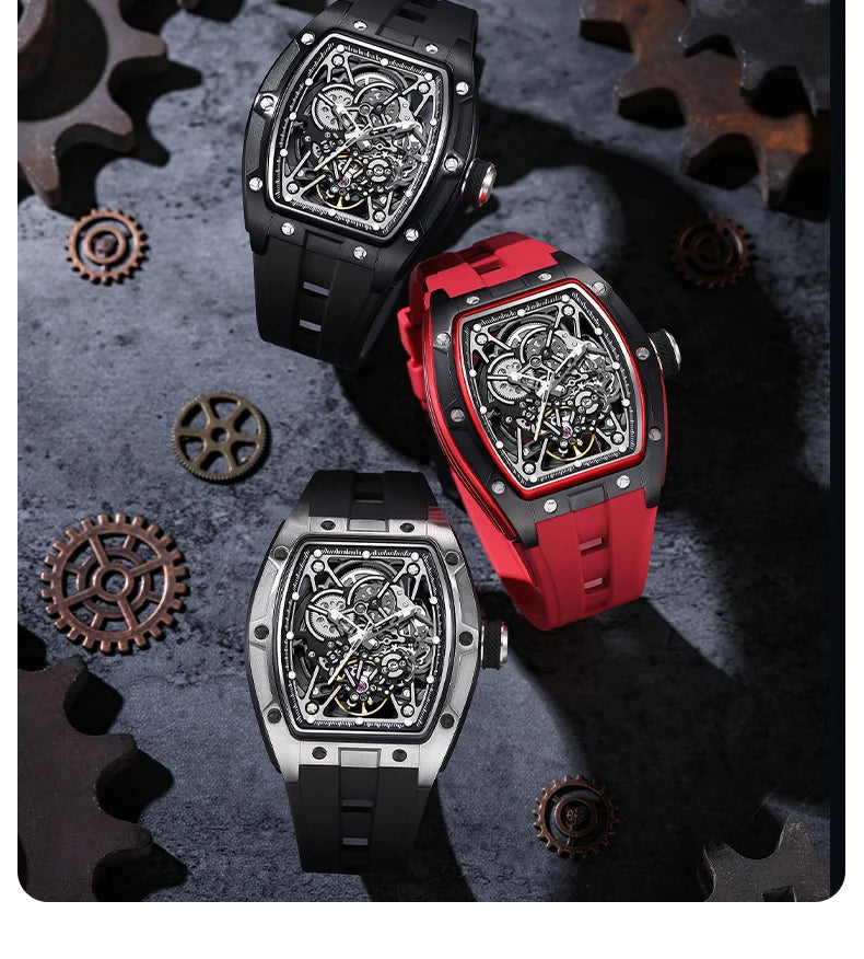 Mechanical Watch for Men Fashion Sport Analog Automatic Wristwatch Skeleton Stainless 50M Waterproof Watches with Tonneau Dial Inspirational Watches